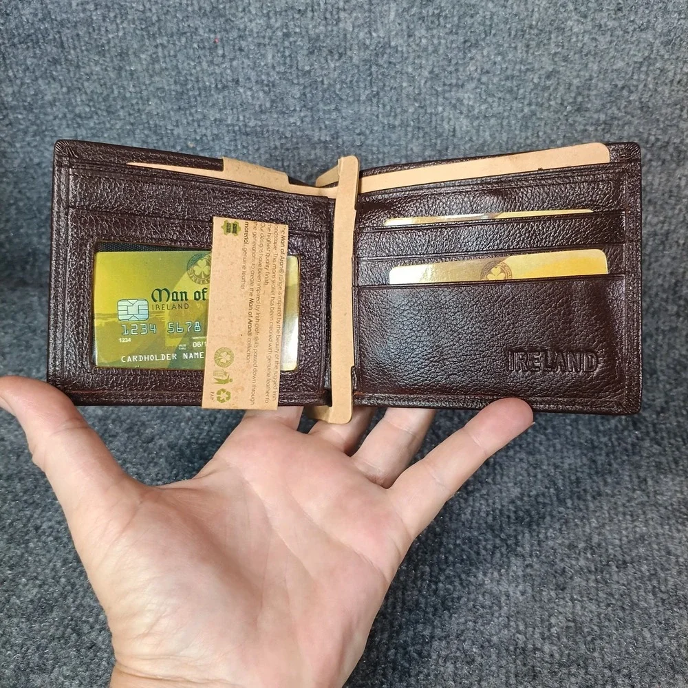 Man of Aran Bifold Wallet Mens Brown Genuine Leather Celtic Shamrock Ireland